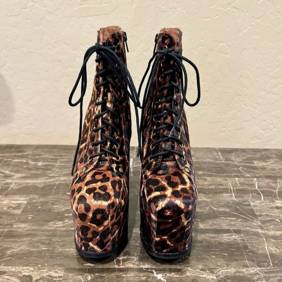Jeffrey Campbell Big Lita Calf Hair Leather Leopard Print Platform Booties